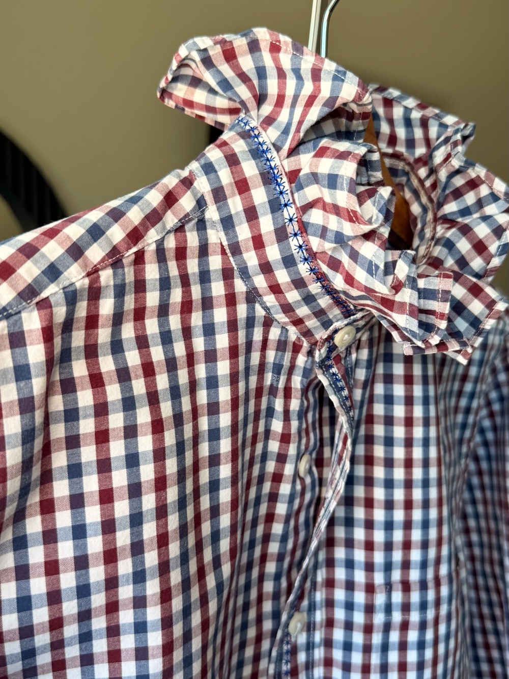Reloved Upcycle ♻️ J. Crew Red and Blue Gingham Ruffle-Collar Blouse